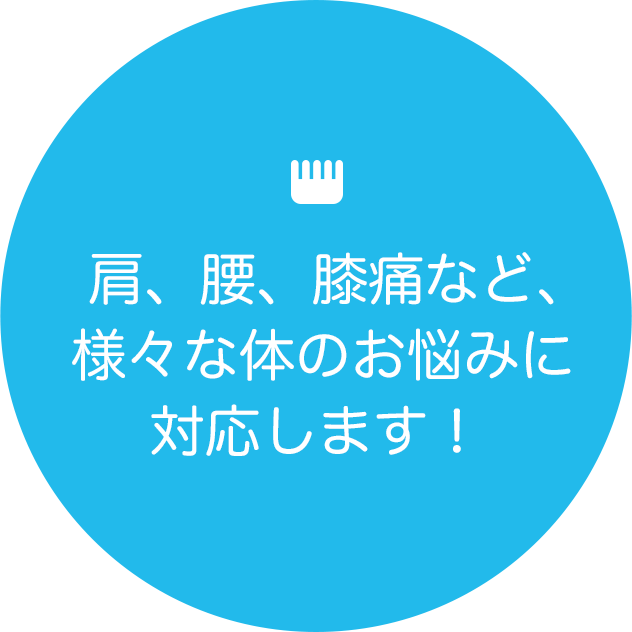 肩、腰、膝痛など、様々な体のお悩みに対応します！